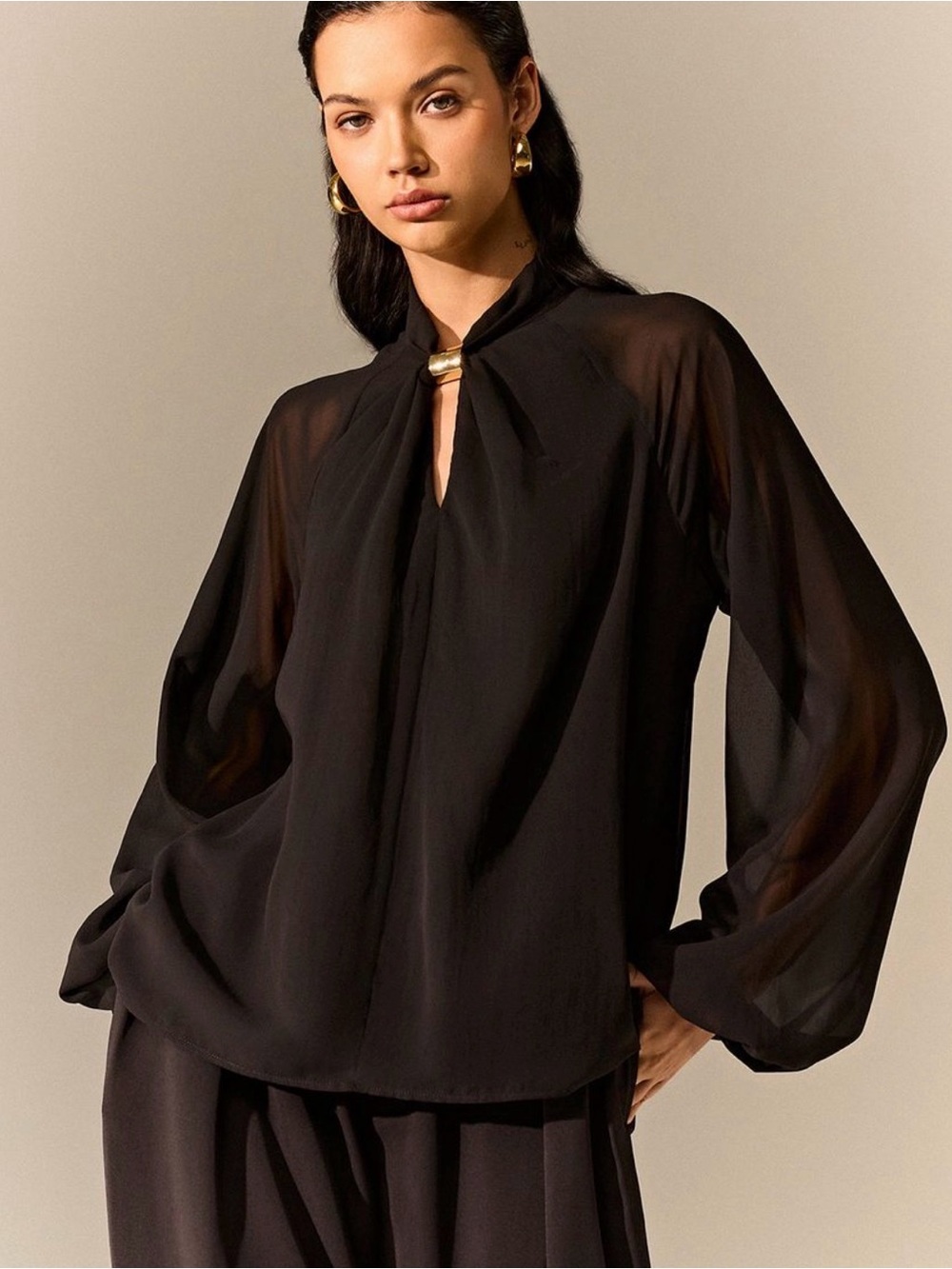 Commense Black Semi-Sheer Chiffon Blouse with Metal Accent